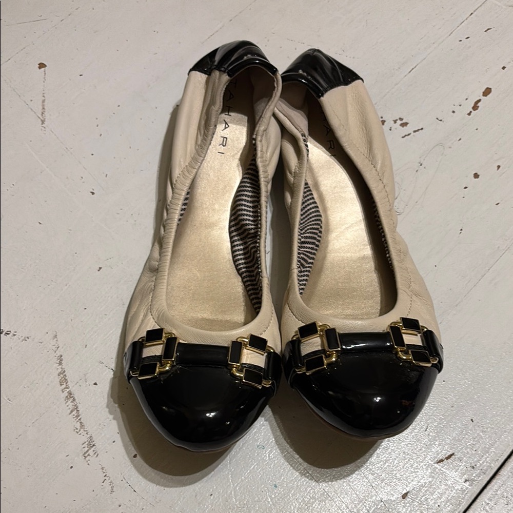 Tahari Gloria Cream Leather Ballet Flats with Black Cap-Toe